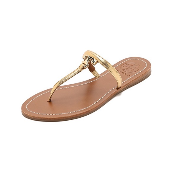 Tory Burch Shoes - Tory Burch Gold T Logo Leather Flip Flop Sandals